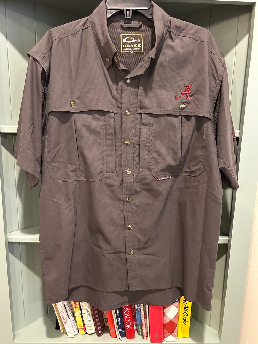 Drake Men's Short Sleeve Button-Down Shirt in Brown with Red Logo